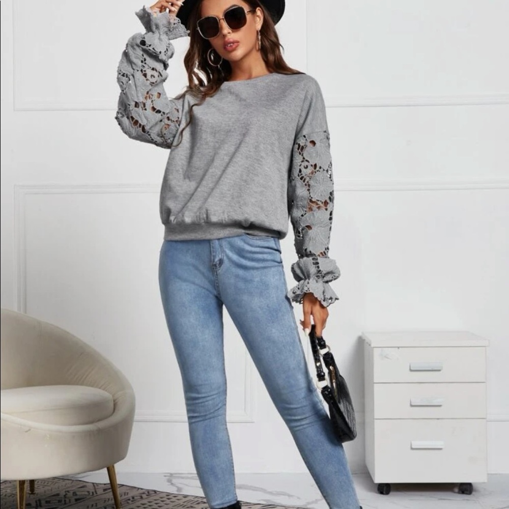 Boho Floral Sheer Lace Long Sleeve Drop Shoulder Top Blouse - Picture 4 of 5